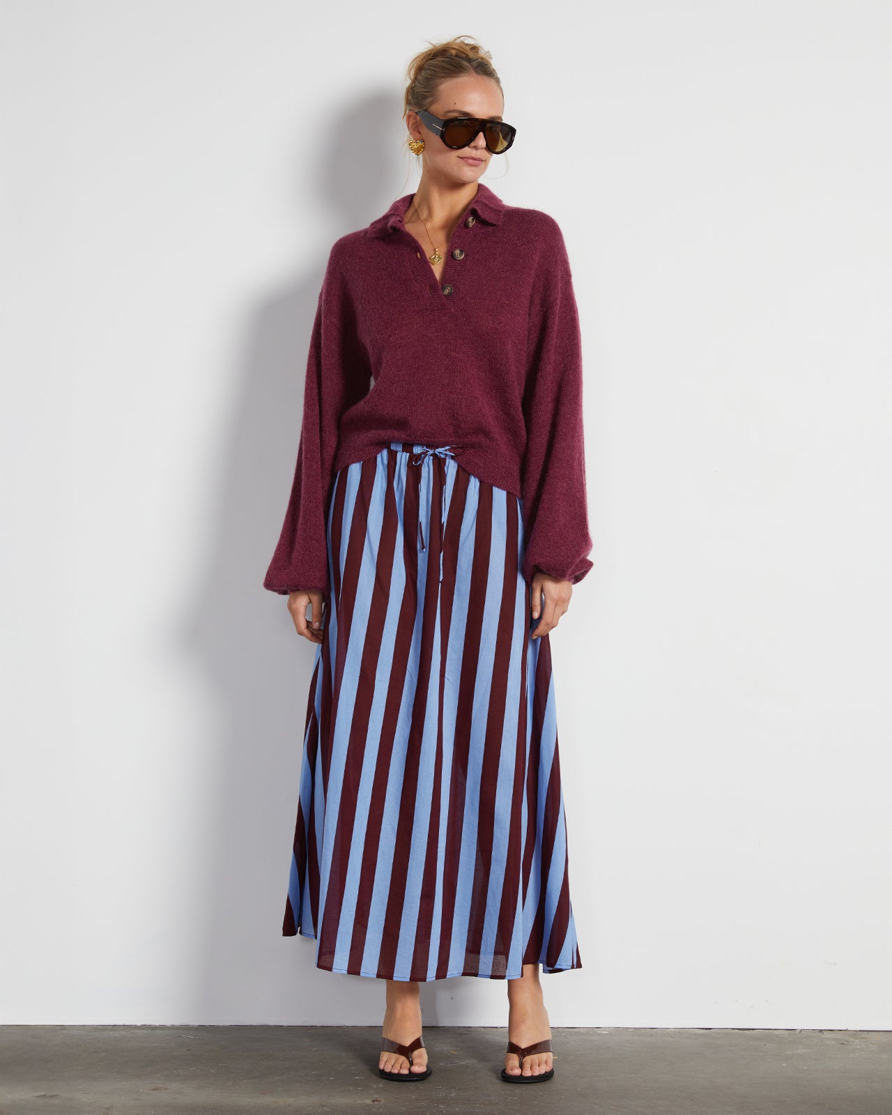 HANNAH CIRCLE SKIRT MIDI IN BLUE STRIPE
