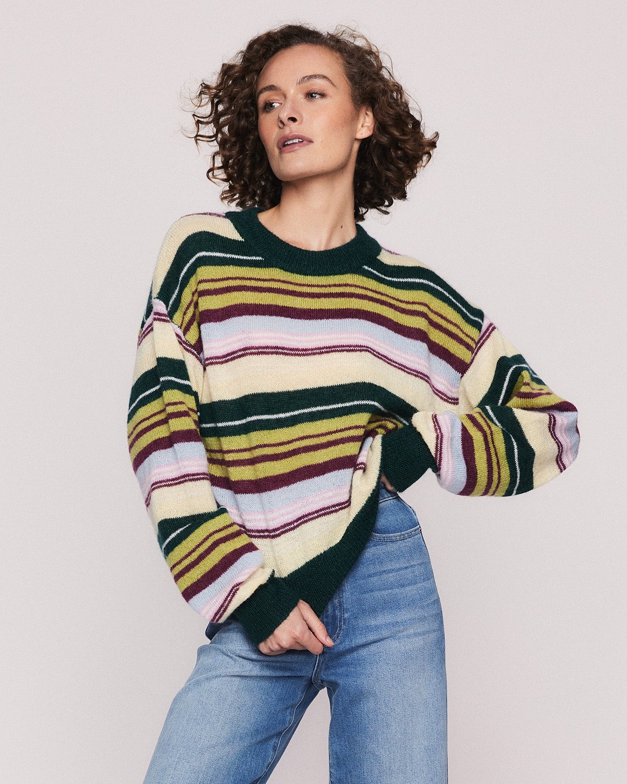 GIGI BALLOON CREW NECK KNIT IN MULTI STRIPE